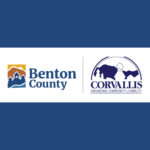 Combined logos of Benton County and City of Corvallis, Oregon, on a dark blue background