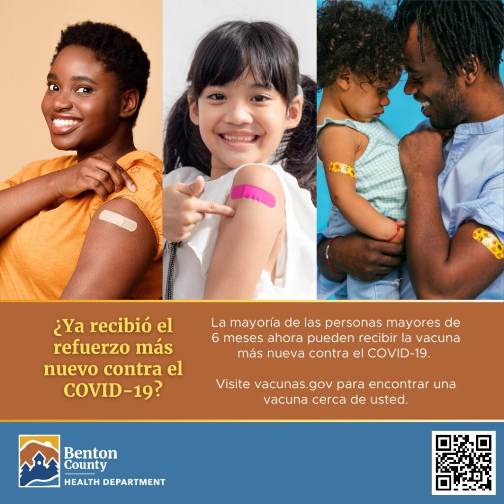 People of diverse races and ages show off bandages on their arms. Text says, "Most people over 6 months old are now able to get the newest vaccine. Visit vaccines.gov to find a vaccine near you.