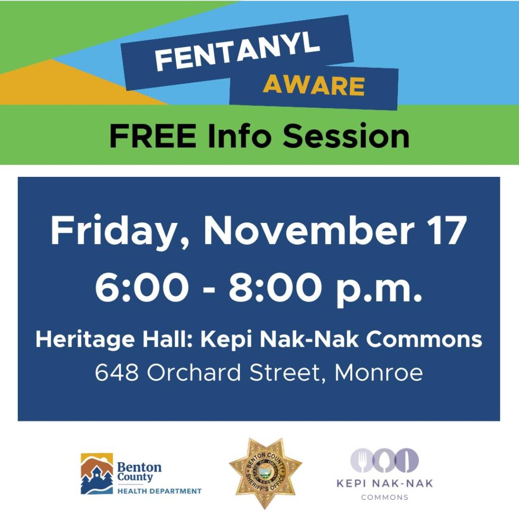 Flyer for Fentanyl Aware Session in Monroe on November 17 with bright lime green, turquoise, and yellow shapes.