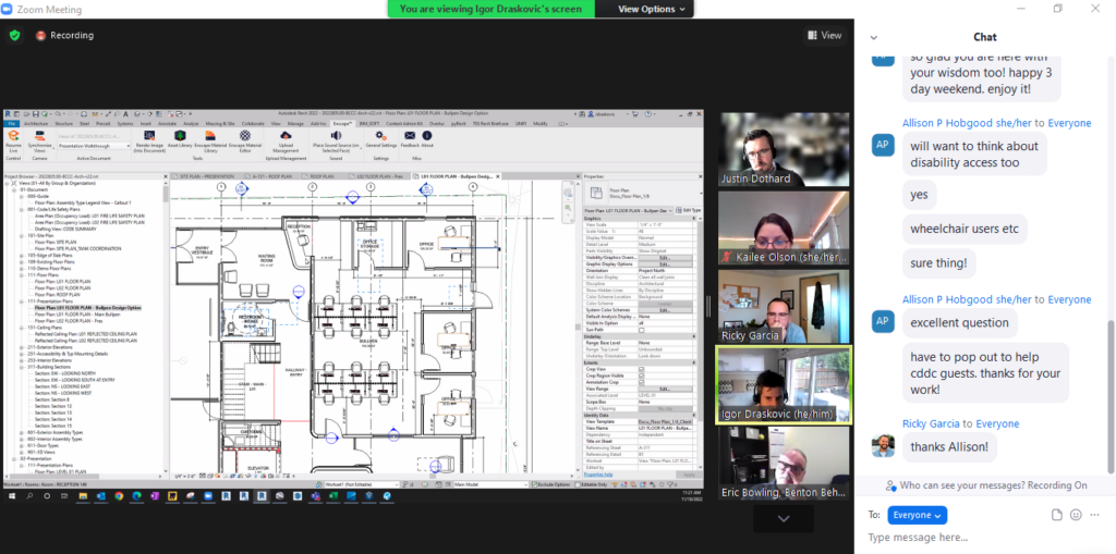 A screencap of a virtual meeting with screen sharing of architectural drawings and a group chat about accessibility.