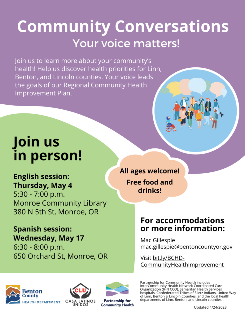 A flyer for Community Conversations featuring a graphic of diverse people with speech bubbles overhead on top of a pastel purple and green background.