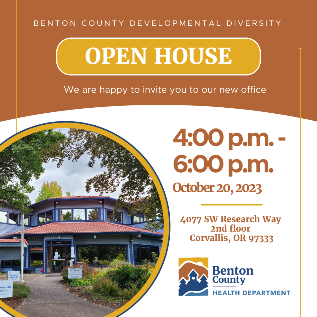 White, brown, and gold graphic with a picture of a building and text that says "Developmental Diversity Open House 4:00-6:00 p.m. October 20, 2023."