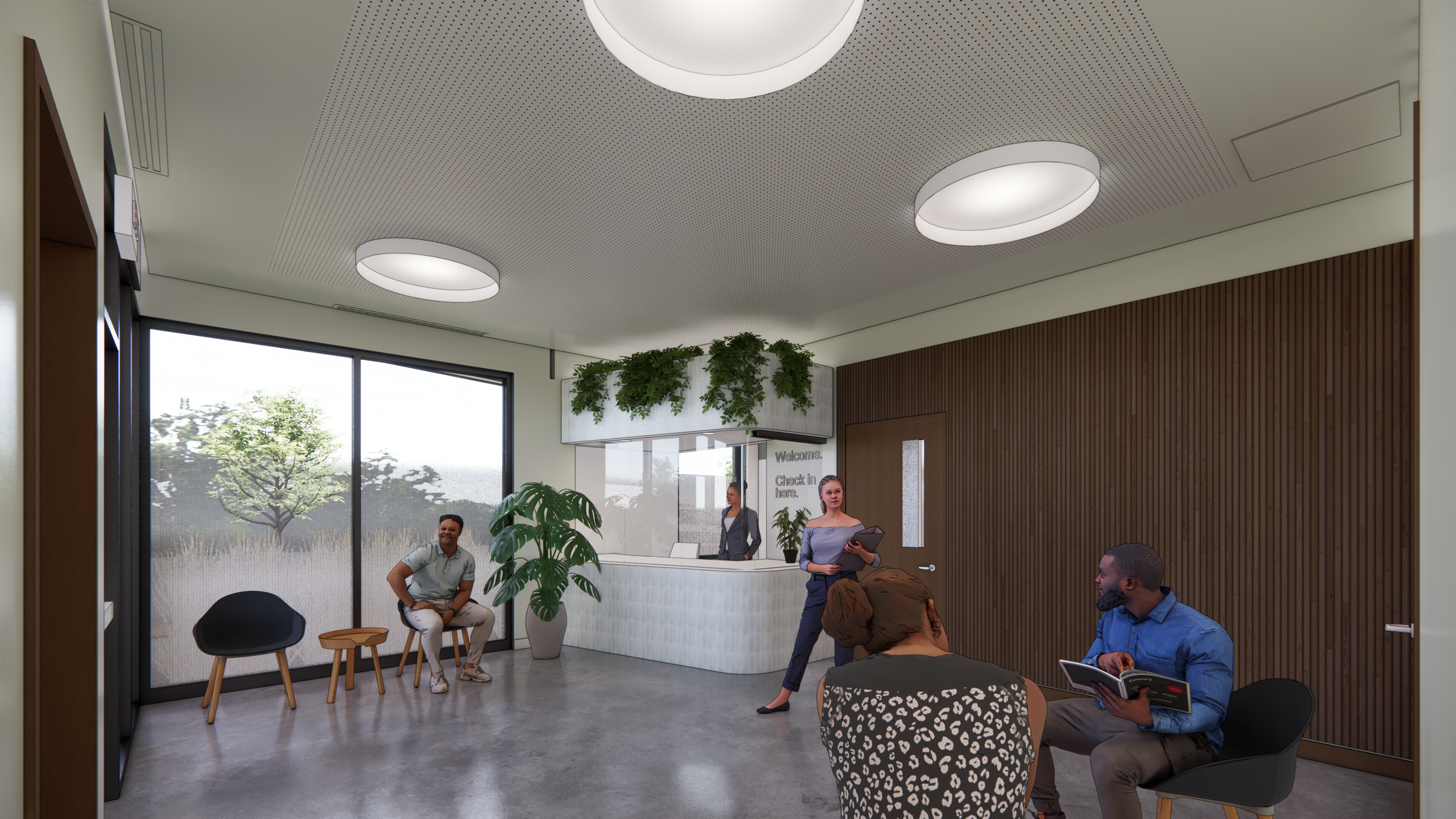 People sitting in a wood-paneled room with a reception desk and plants.