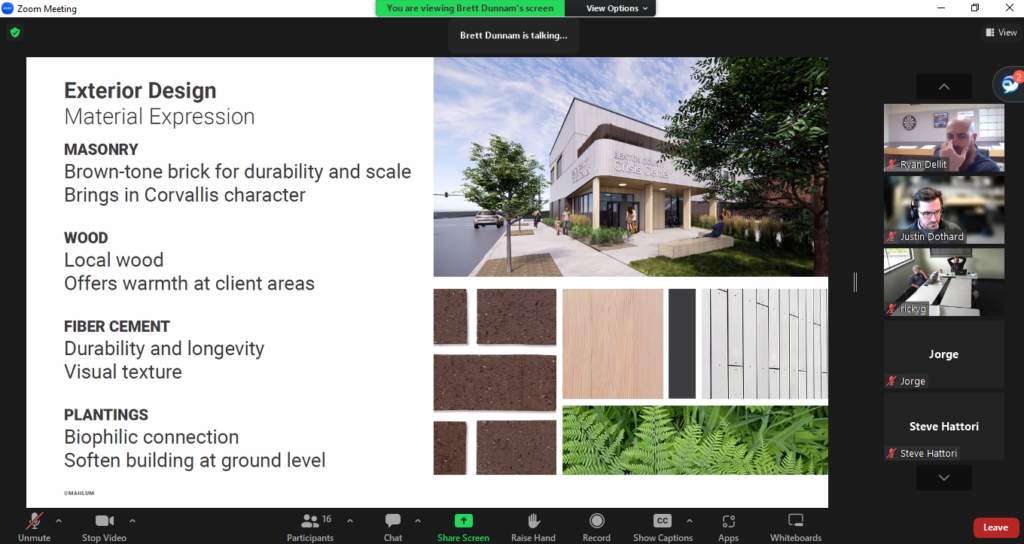 A screen share from a virtual meeting shows different types of masonry, wood, fiber cement, and plantings.