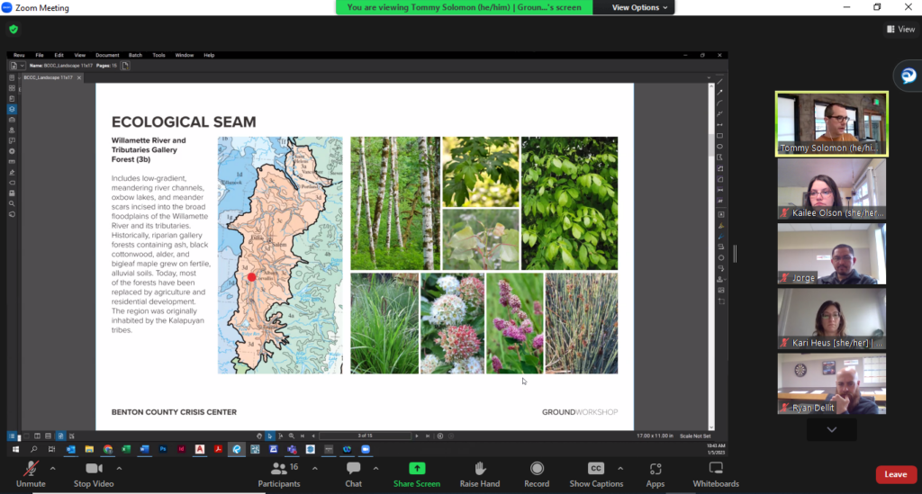 A virtual meeting screen share containing images of various plants and a geographical map of the Willamette River and its tributaries.