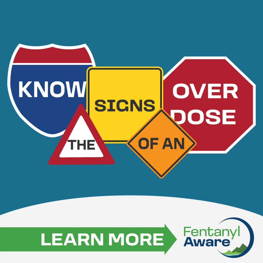 Various road signs that say "Know the Signs of an Overdose," over a blue background.