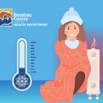 A cartoon image of a thermometer showing freezing temperatures and a person warming in a blanket next to a heater.