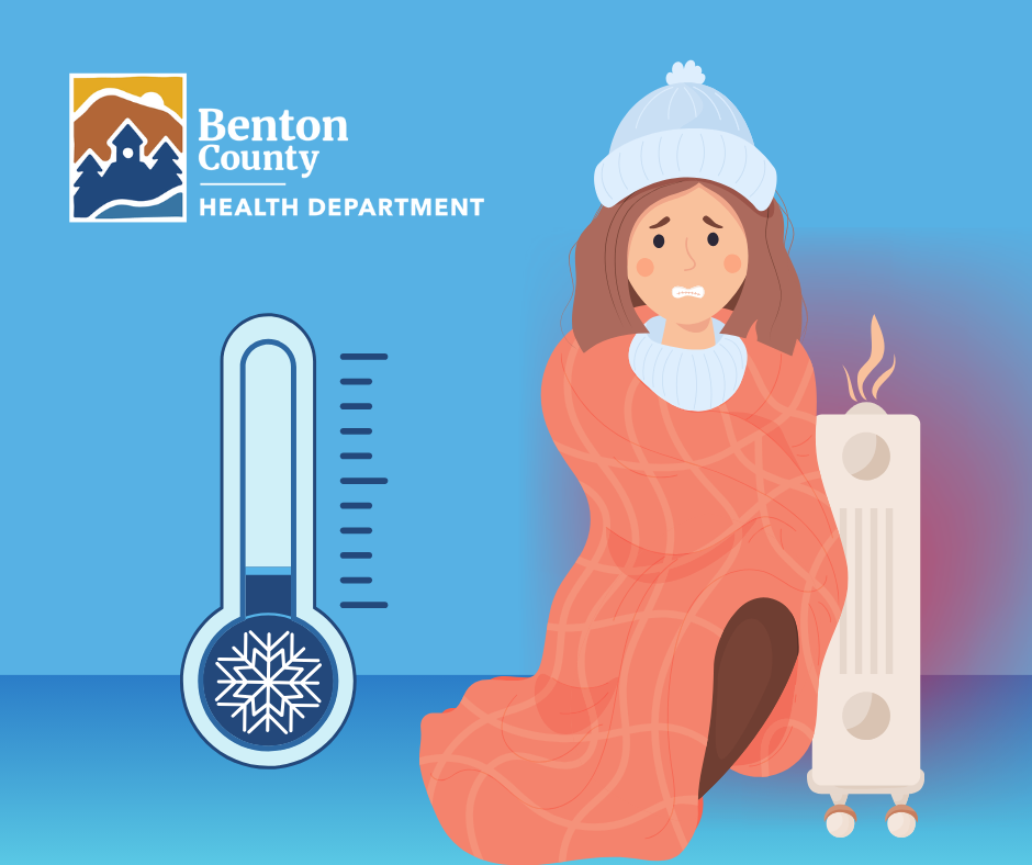 A cartoon image of a thermometer showing cold temperatures and a person huddled in a blanket next to a heater.
