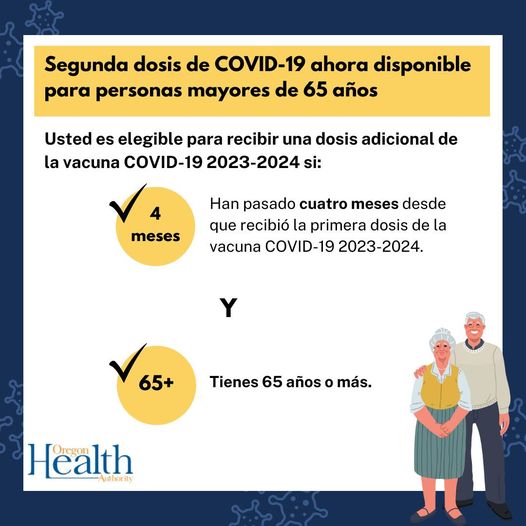 A graphic from Oregon Health Authority illustrating the info in the  accompanying body text regarding second doses of the COVID vaccine for people 65 and over.