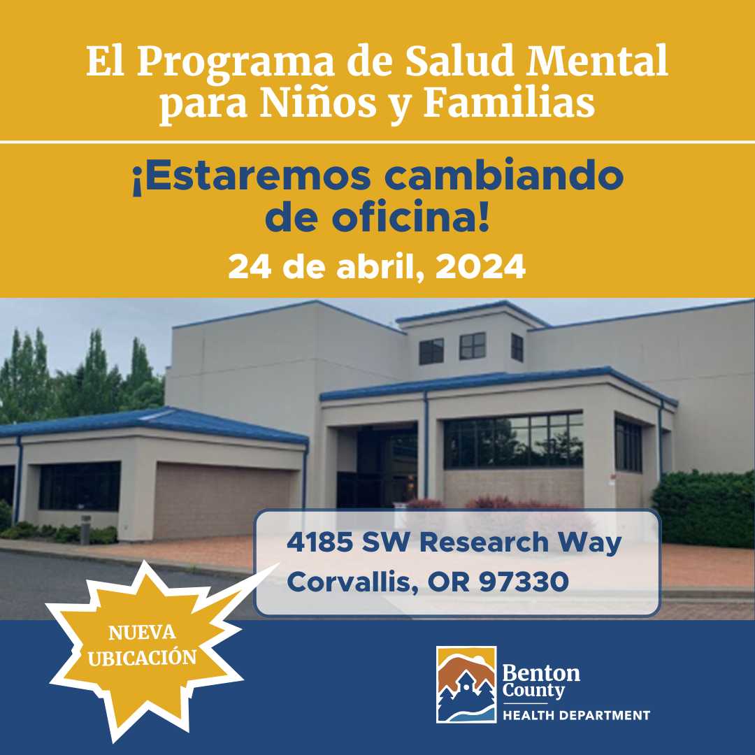 Spanish Graphic of the new Children & Family Mental Health building, We are moving April 24, 2024