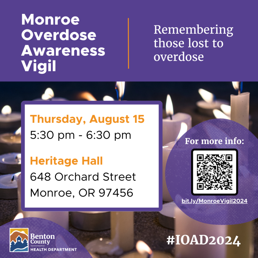 A candlelit vigil with event details in purple and orange hues.