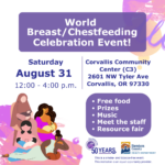 Flyer for breast/chestfeeding month in pink & purple hues, featuring people from different cultures breastfeeding their babies.