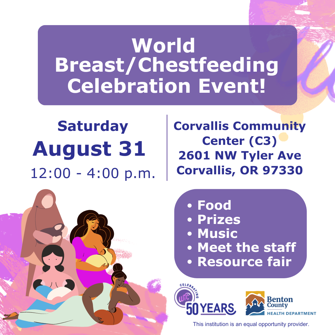 Flyer for breast/chestfeeding month in pink & purple hues, featuring people from different cultures breastfeeding their babies.