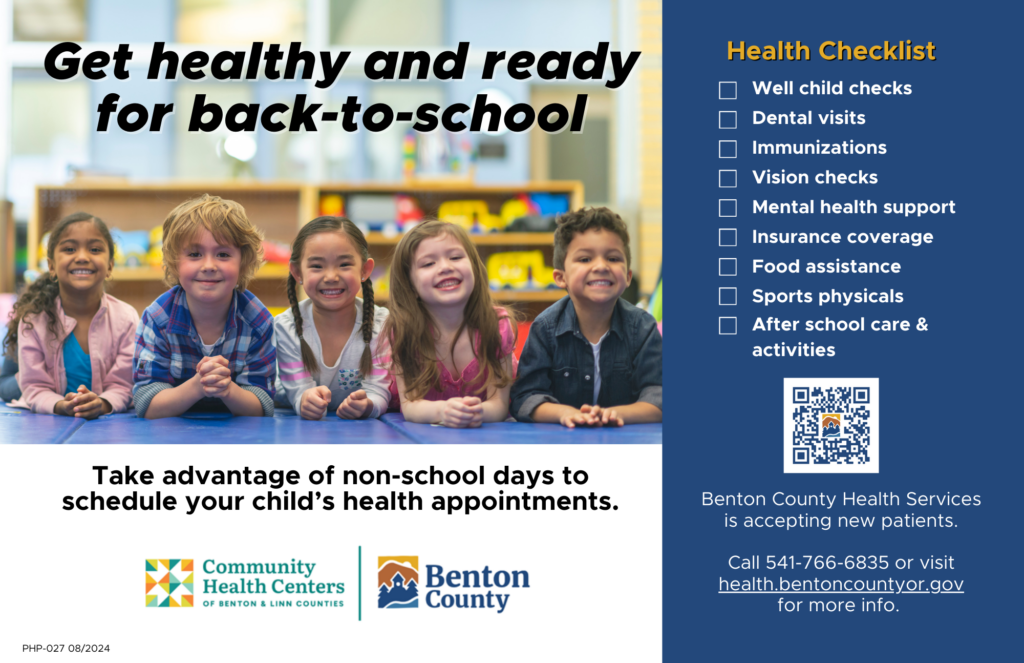 A diverse group of young children pose in a classroom next to a checklist of items for back to school.