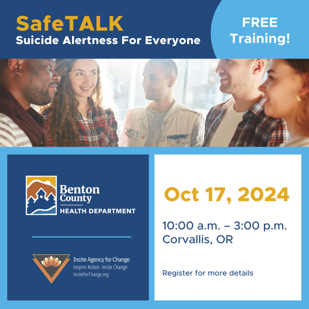 Details for SafeTALK training with image of 5 young adults in a group.