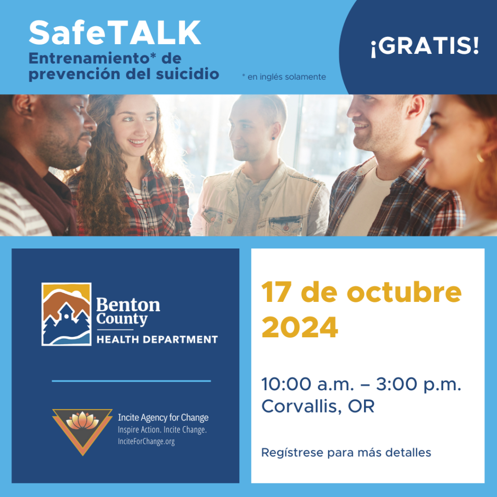 Details for SafeTALK training with image of 5 young adults in a group.