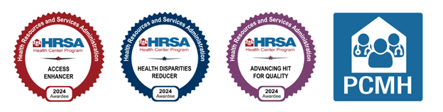 Four colorful badges indicating awards from the Health Resources and Services Administration.