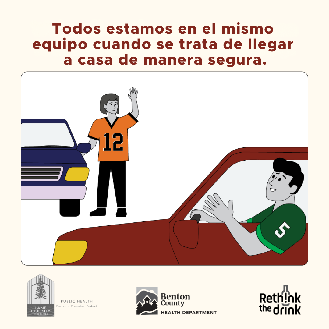 A person wearing an orange football jersey and getting into a car waves to a driver wearing a green jersey. Text reads, "We're all on the same team when it comes to getting home safely."