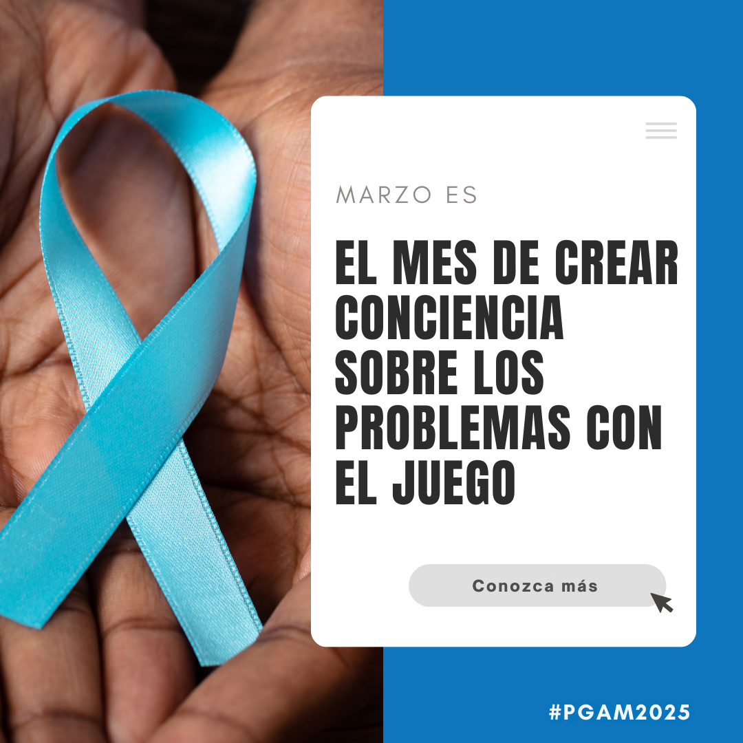 A person holding a blue ribbon in their hands with the words "March is Problem Gambling Month," over a blue background.