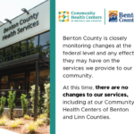 The Benton County Health Services Building and the logos of Benton County and Community Health Centers of Benton & Linn Counties along with a message from the directors and a teal stripe.