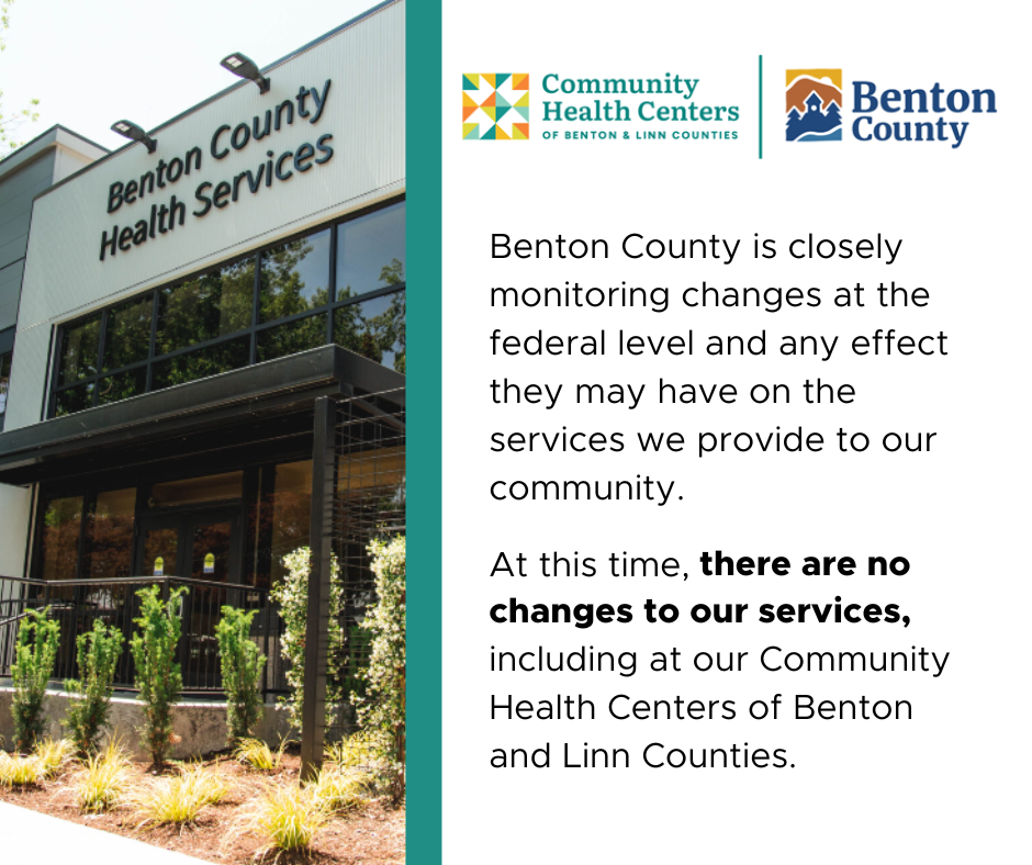 The Benton County Health Services Building and the logos of Benton County and Community Health Centers of Benton & Linn Counties along with a message from the directors and a teal stripe.