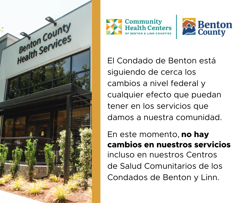 The Benton County Health Services Building and the logos of Benton County and Community Health Centers of Benton & Linn Counties along with a message from the directors and a teal stripe.