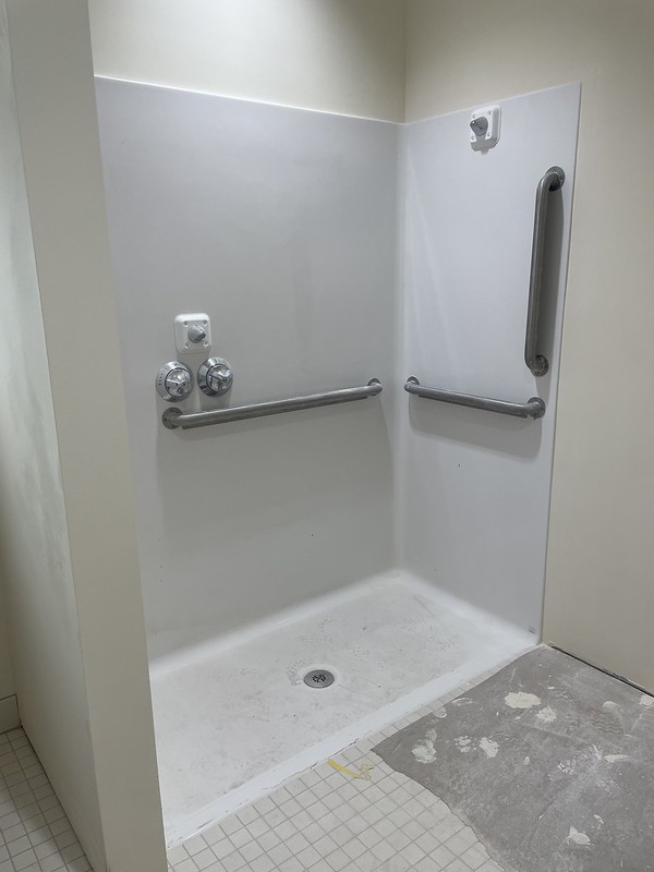 This shower in the Benton County Crisis Center includes anti-ligature design features that support client safety.