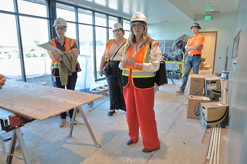 Benton County communications staff tour the upcoming Benton County Crisis Center in Corvallis, OR. Double paned windows in the stabilization area will be frosted on the bottom, letting in natural light while maintaining privacy and filtering out noise.