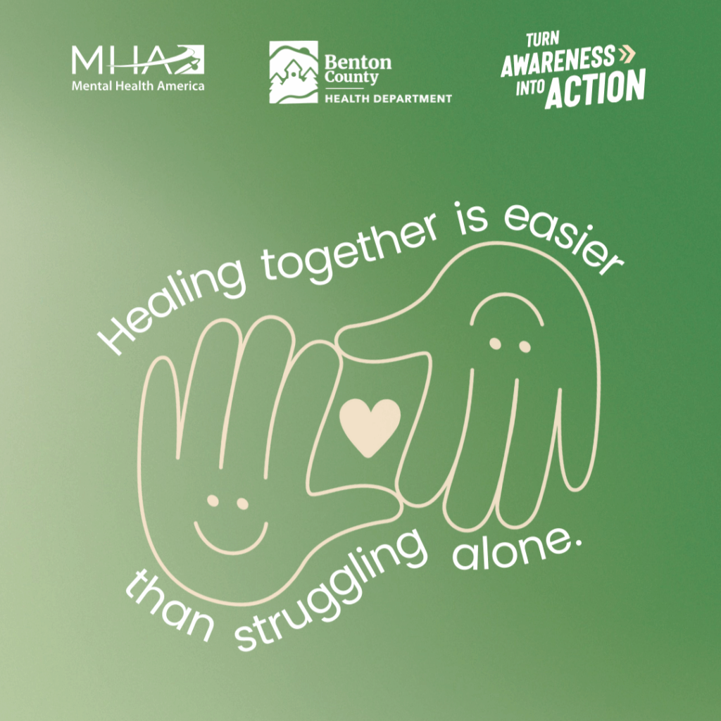 Two smiling hands connect to form a square. Inside the square is a heart. White text over a gradient green background reads, "Healing together is easier than struggling alone."