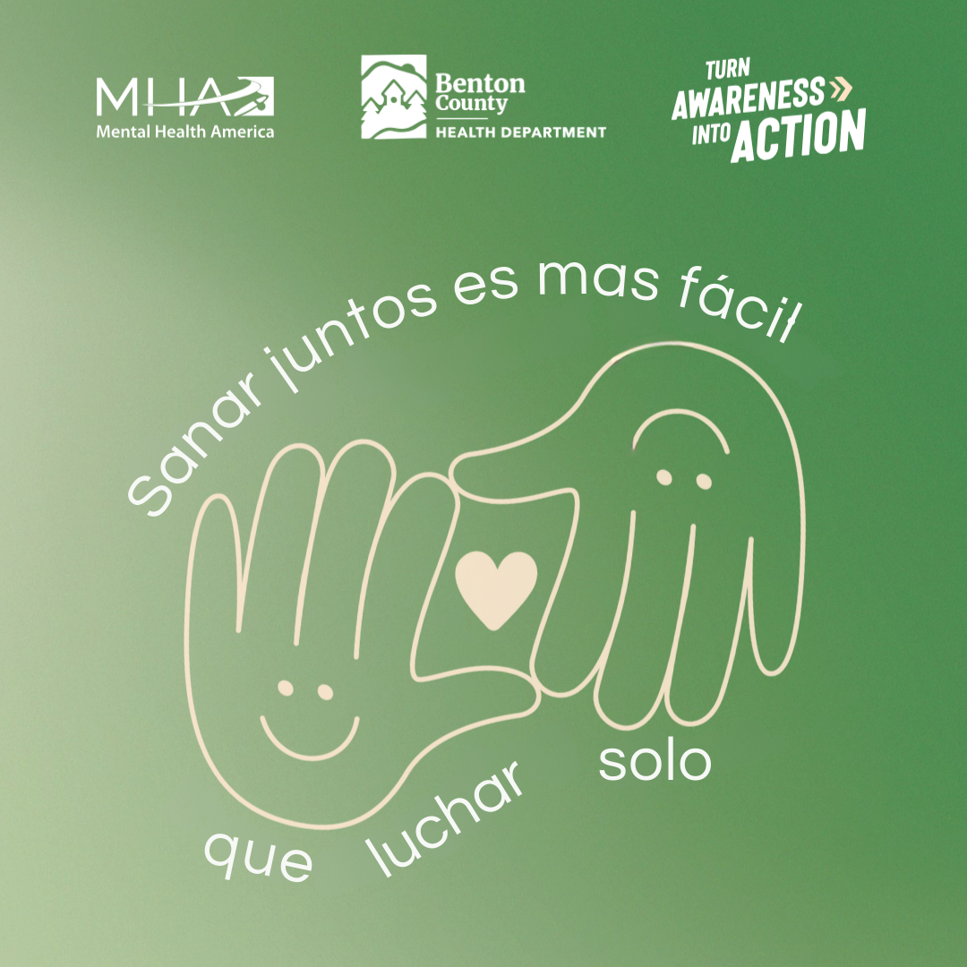 Two smiling hands connect to form a square. Inside the square is a heart. White text over a gradient green background reads, "Sanar juntos es mas fácil que luchar solo."