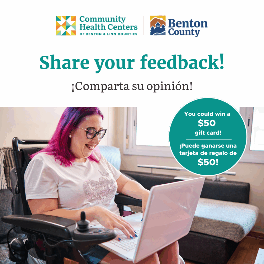 A woman with pink hair and glasses sitting in a wheelchair and smiling while using a laptop. Text reads, "Share your feedback! You could win a $50 gift card!"