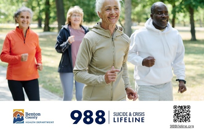 988 Suicide & Crisis Lifeline, older adults walking with a green space in the background.