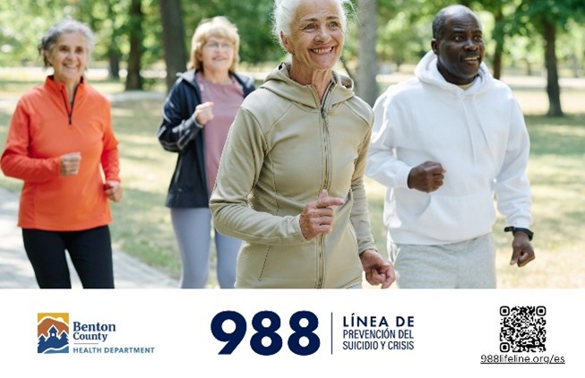 988 Suicide & Crisis Lifeline, older adults walking with a green space in the background.