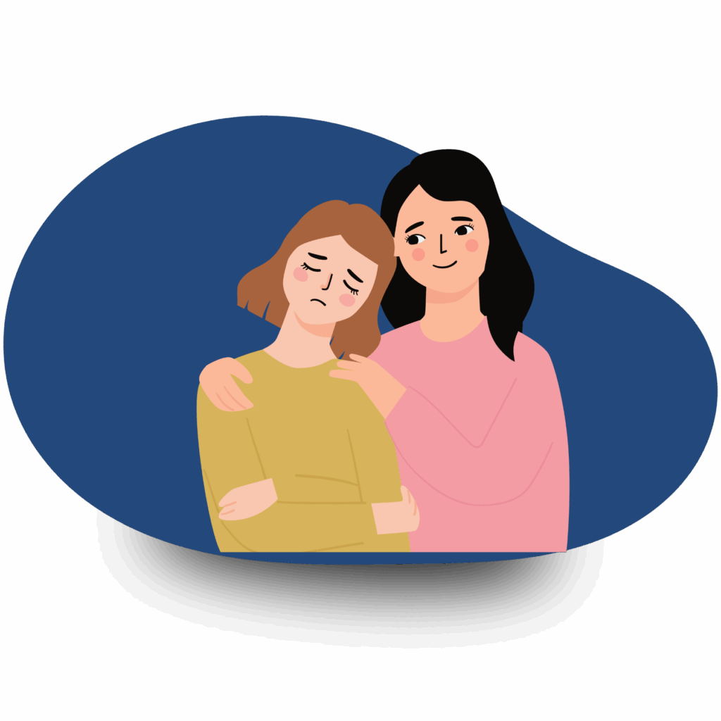 Two people, one with an arm around - and comforting - the other, who is crying.