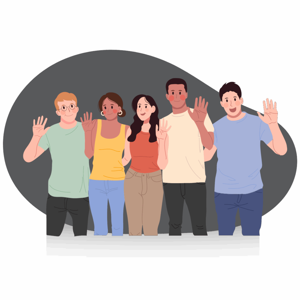 Five people standing in a line, smiling and waving