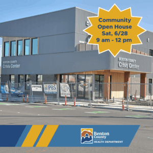 The Benton County Crisis Center with a gold star featuring dark blue text that says "Community Open House, Sat, 6/28, 9am - 12pm"