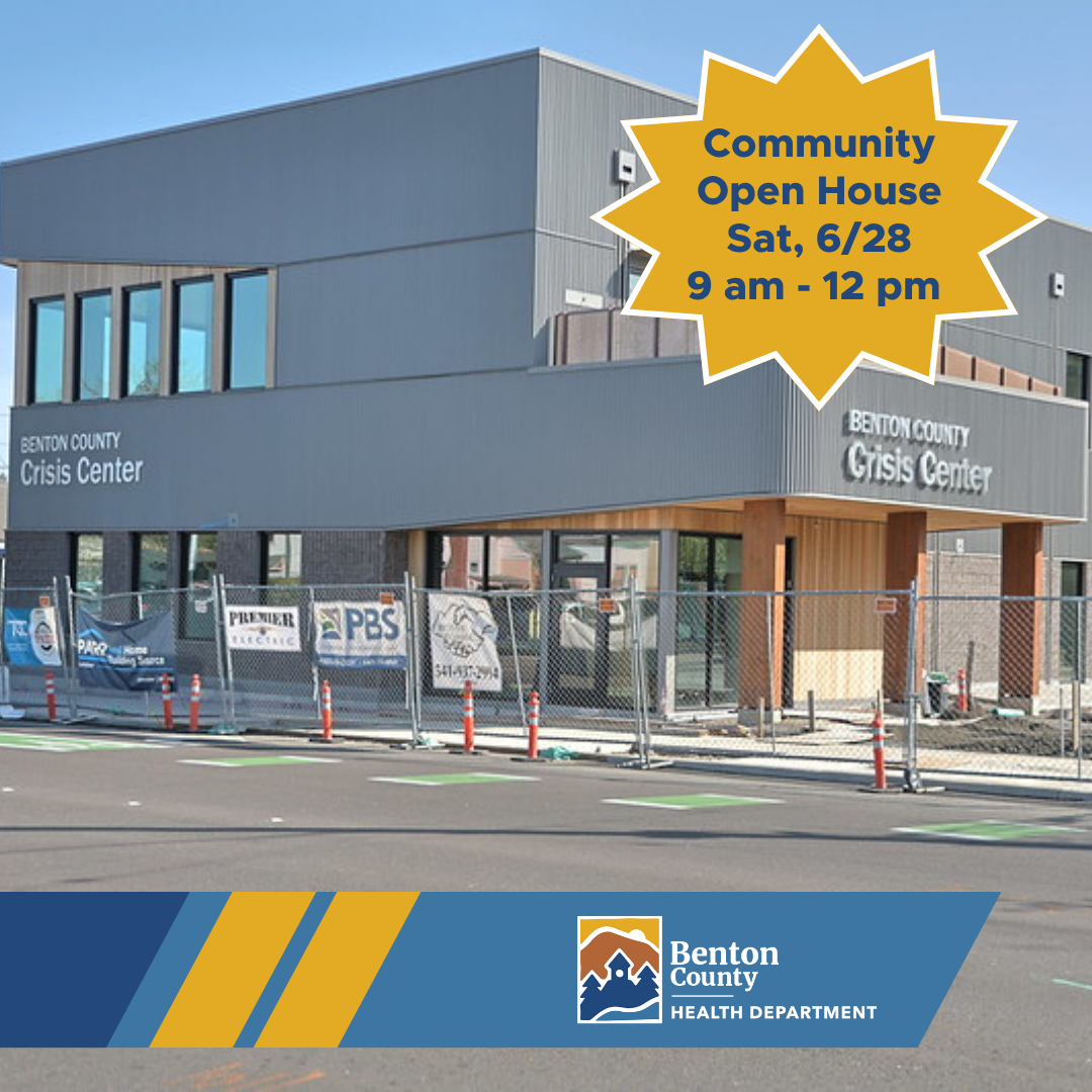 The Benton County Crisis Center with a gold star featuring dark blue text that says "Community Open House, Sat, 6/28, 9am - 12pm"