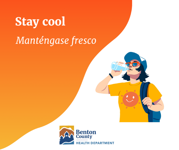 Animated person drinking water, wearing a yellow shirt, sunglasses, a hat, and a backpack. Text reads: "Stay cool."