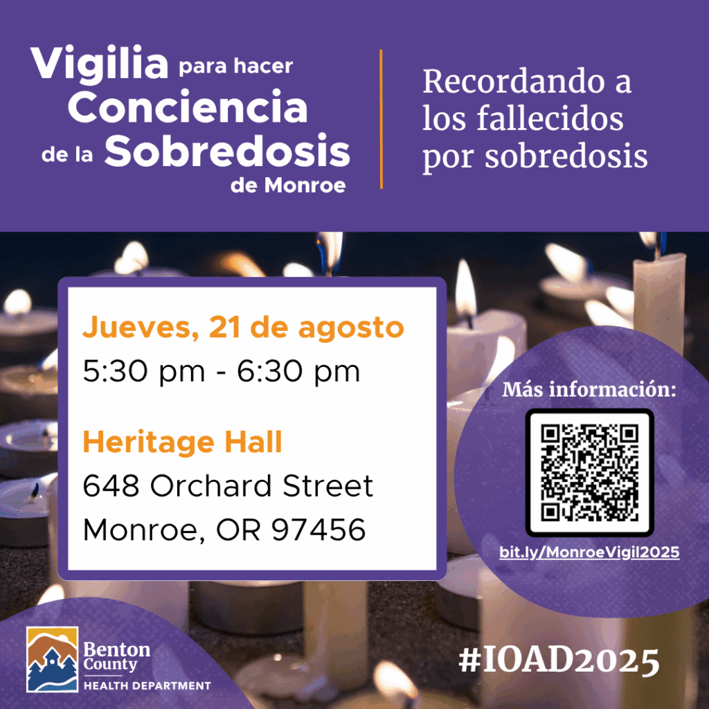 Purple and orange colors over a background of lit white pillar candles. Text reads "Remembering those lost to overdose" in Spanish.