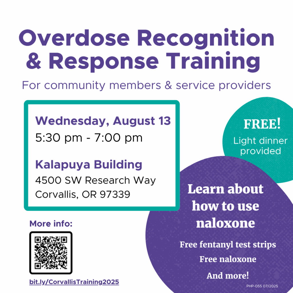 A flyer for Overdose Recognition & Response Training with bubbles and boxes colored in teal and purple with black font.