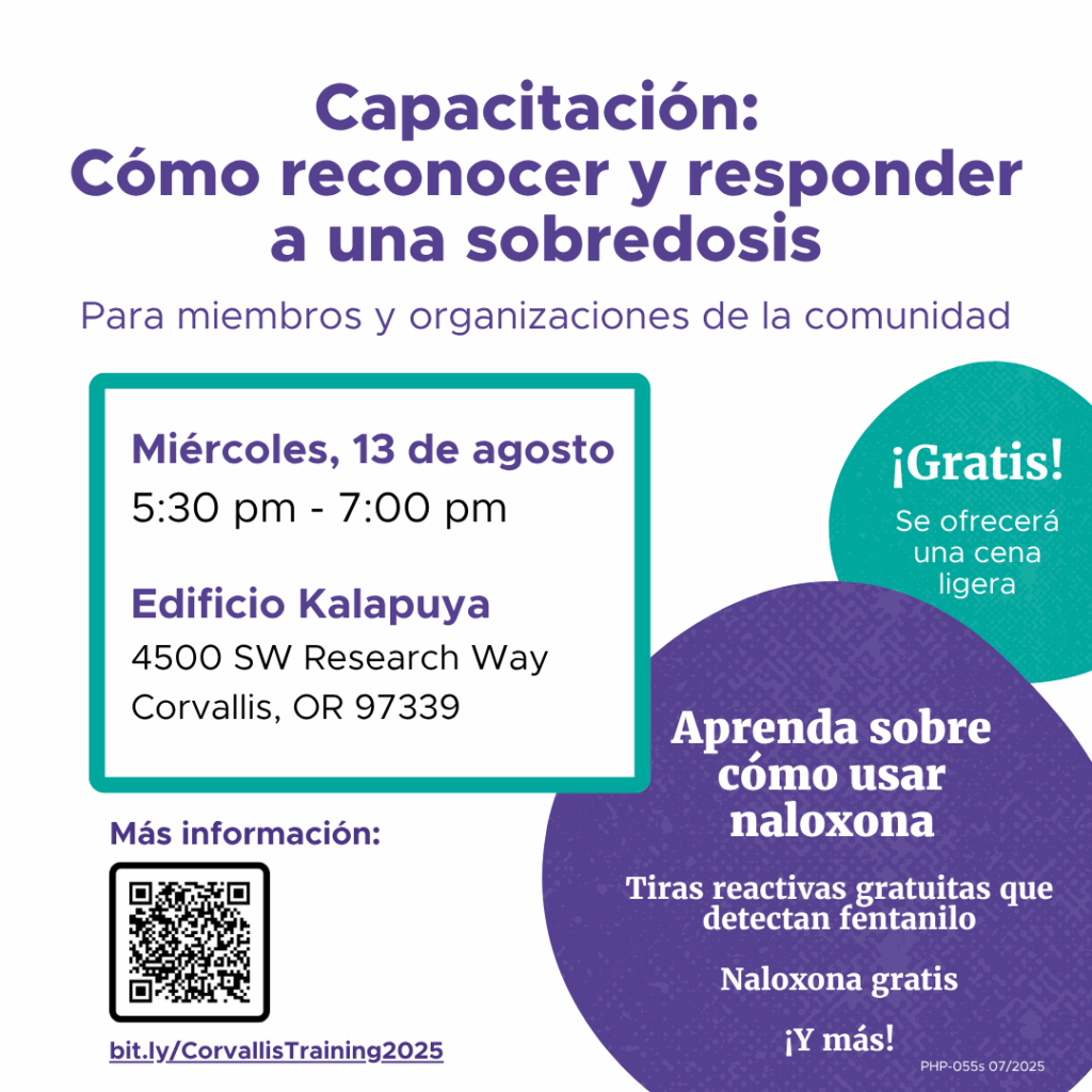 A flyer in Spanish for Overdose Recognition & Response Training with bubbles and boxes colored in teal and purple with black font.