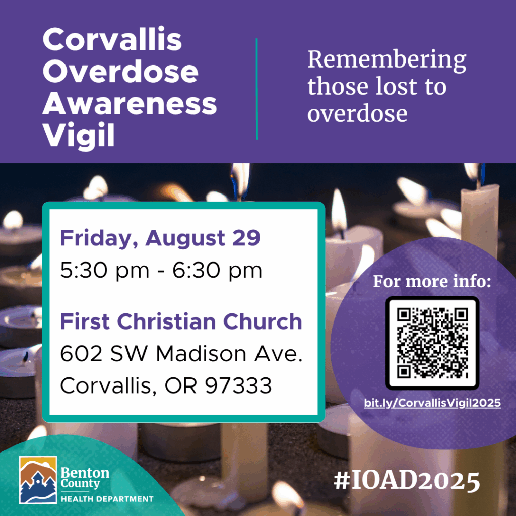 Purple and teal colors over a background of lit white pillar candles. Text reads "Remembering those lost to overdose."