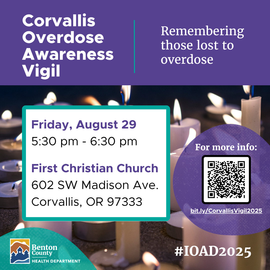 Purple and teal colors over a background of lit white pillar candles. Text reads "Remembering those lost to overdose."