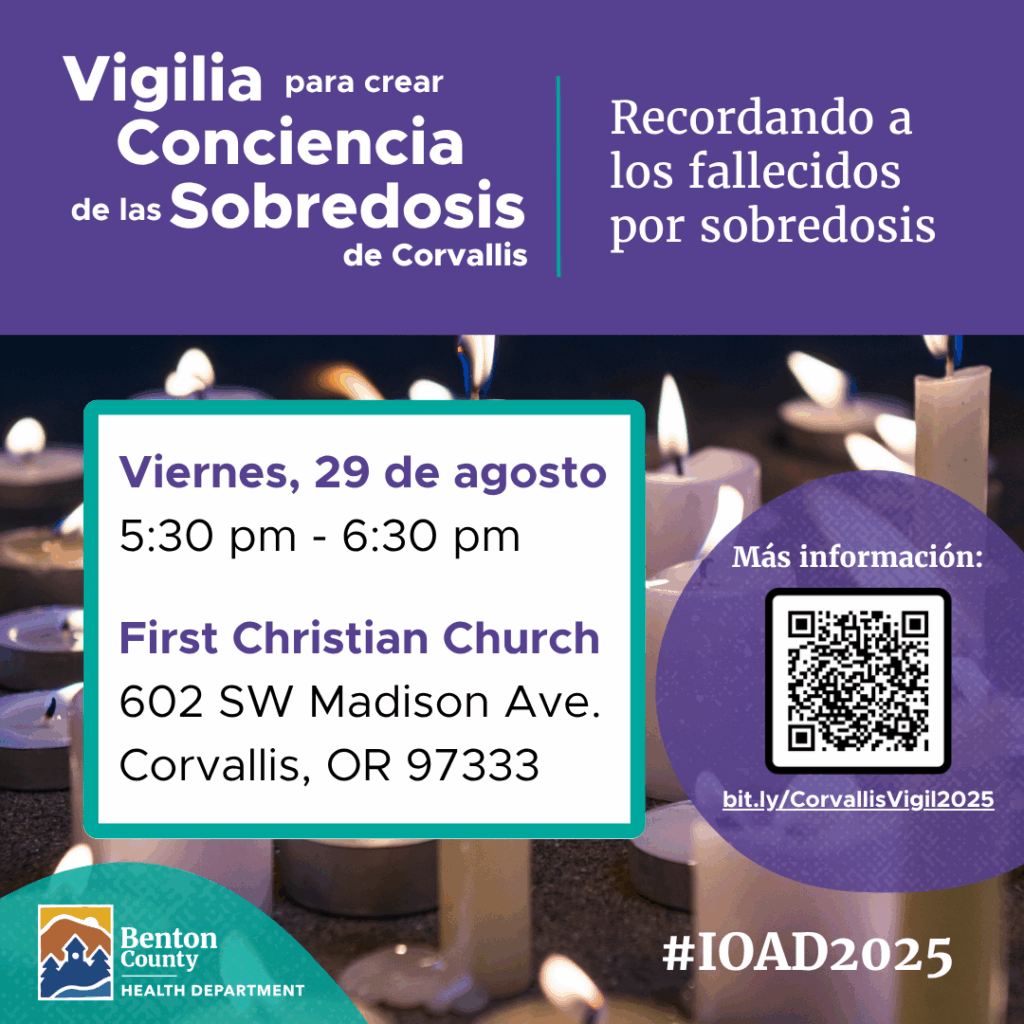 Purple and teal colors over a background of lit white pillar candles. Text reads "Remembering those lost to overdose" in Spanish.