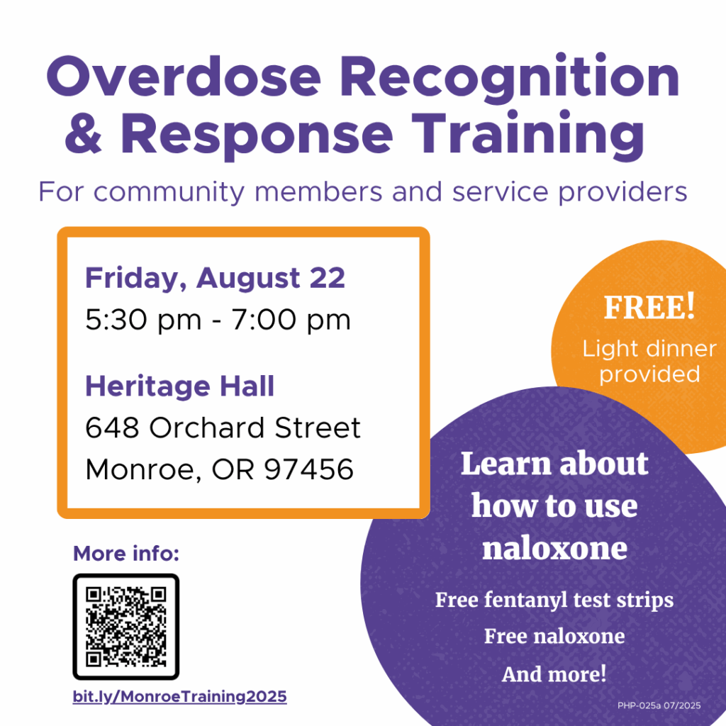 A flyer for Overdose Recognition & Response Training with bubbles and boxes colored in orange and purple with black font.