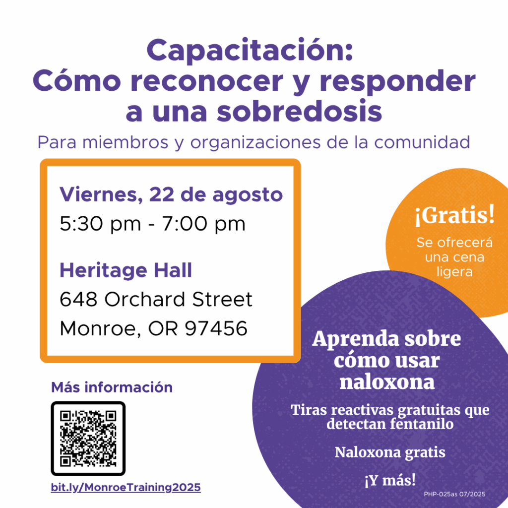 A flyer in Spanish for Overdose Recognition & Response Training with bubbles and boxes colored in orange and purple with black font.