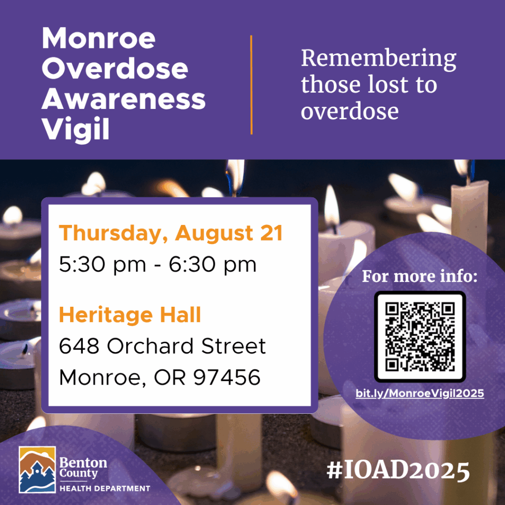 Purple and orange colors over a background of lit white pillar candles. Text reads "Remembering those lost to overdose."