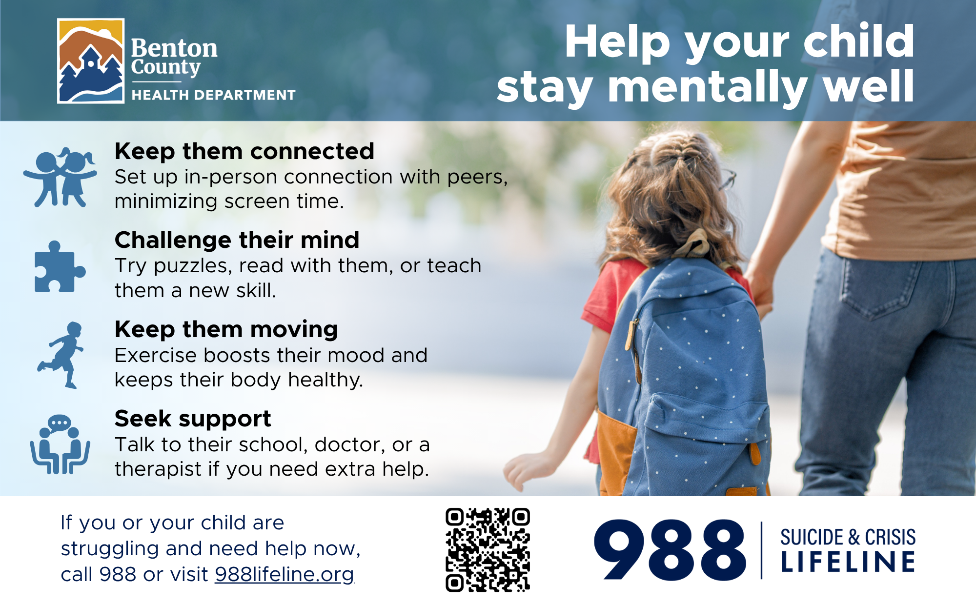 A parent holds the hand of a child wearing a backpack. Text reads, "Help your child stay mentally well."