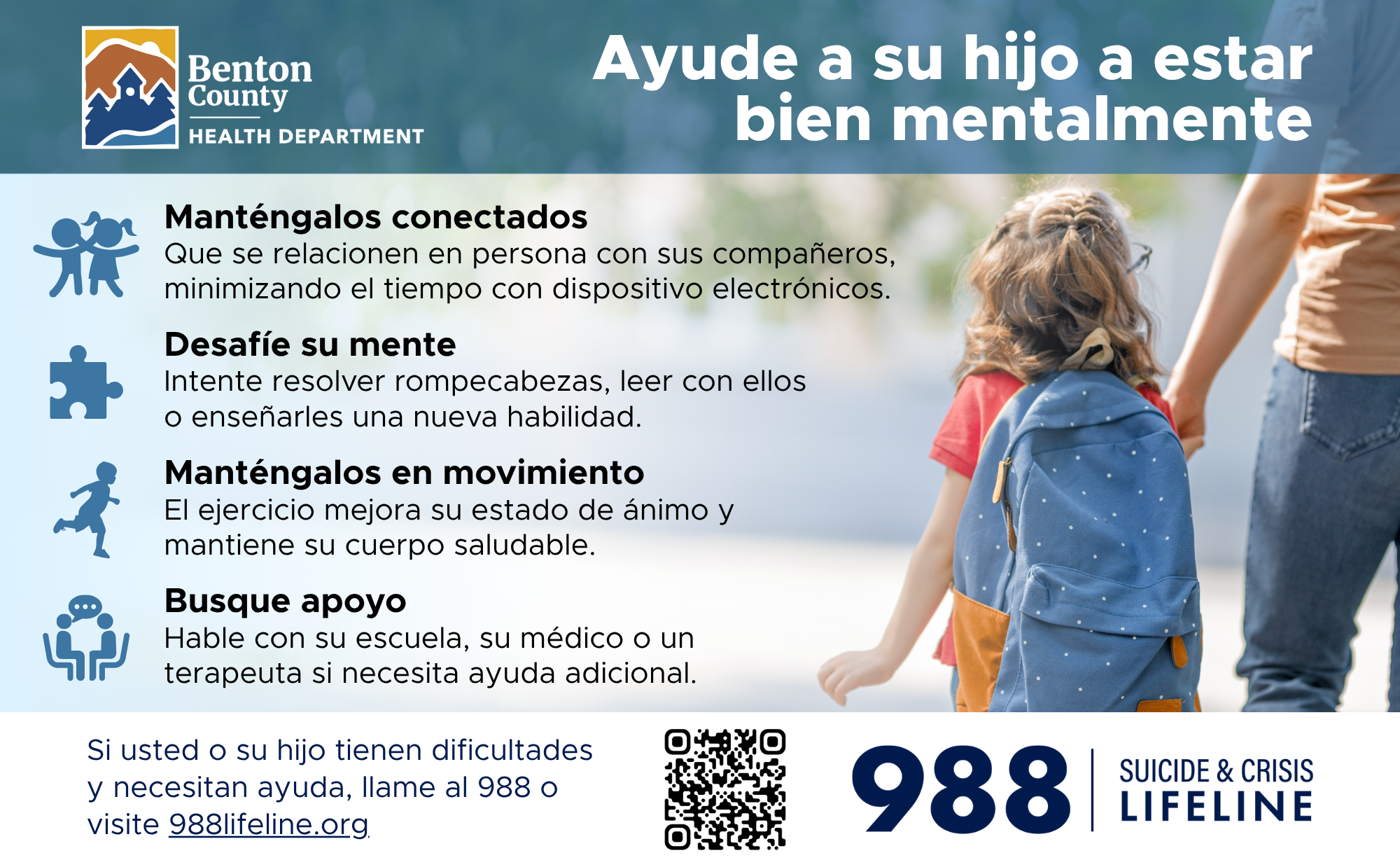 A parent holds the hand of a child wearing a backpack. Text reads, "Help your child stay mentally well."