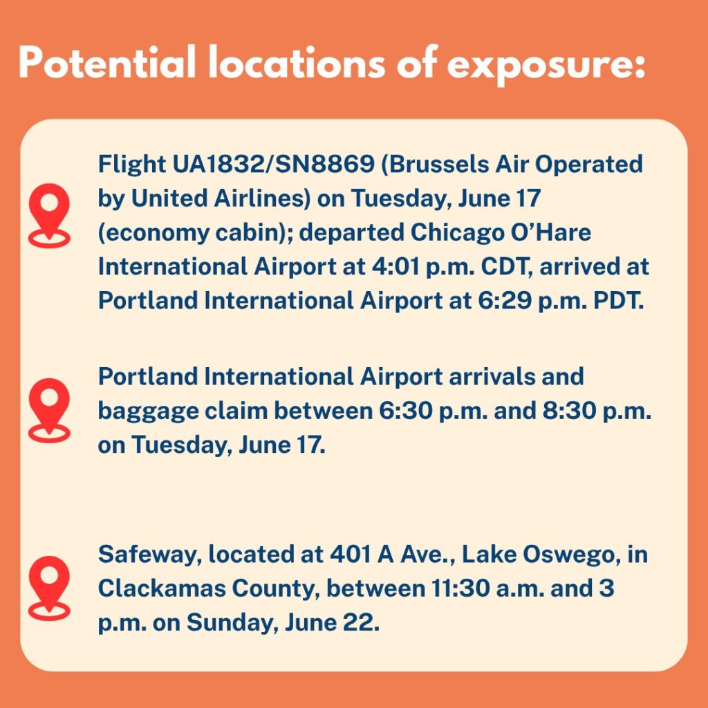 On an orange background, dark blue text reads, "Potential locations of exposure."